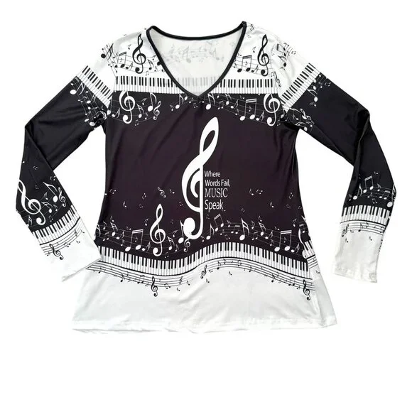 Music Notes Long Sleeve Top Size M Black White V Neck Piano Keys Print - Picture 9 of 9